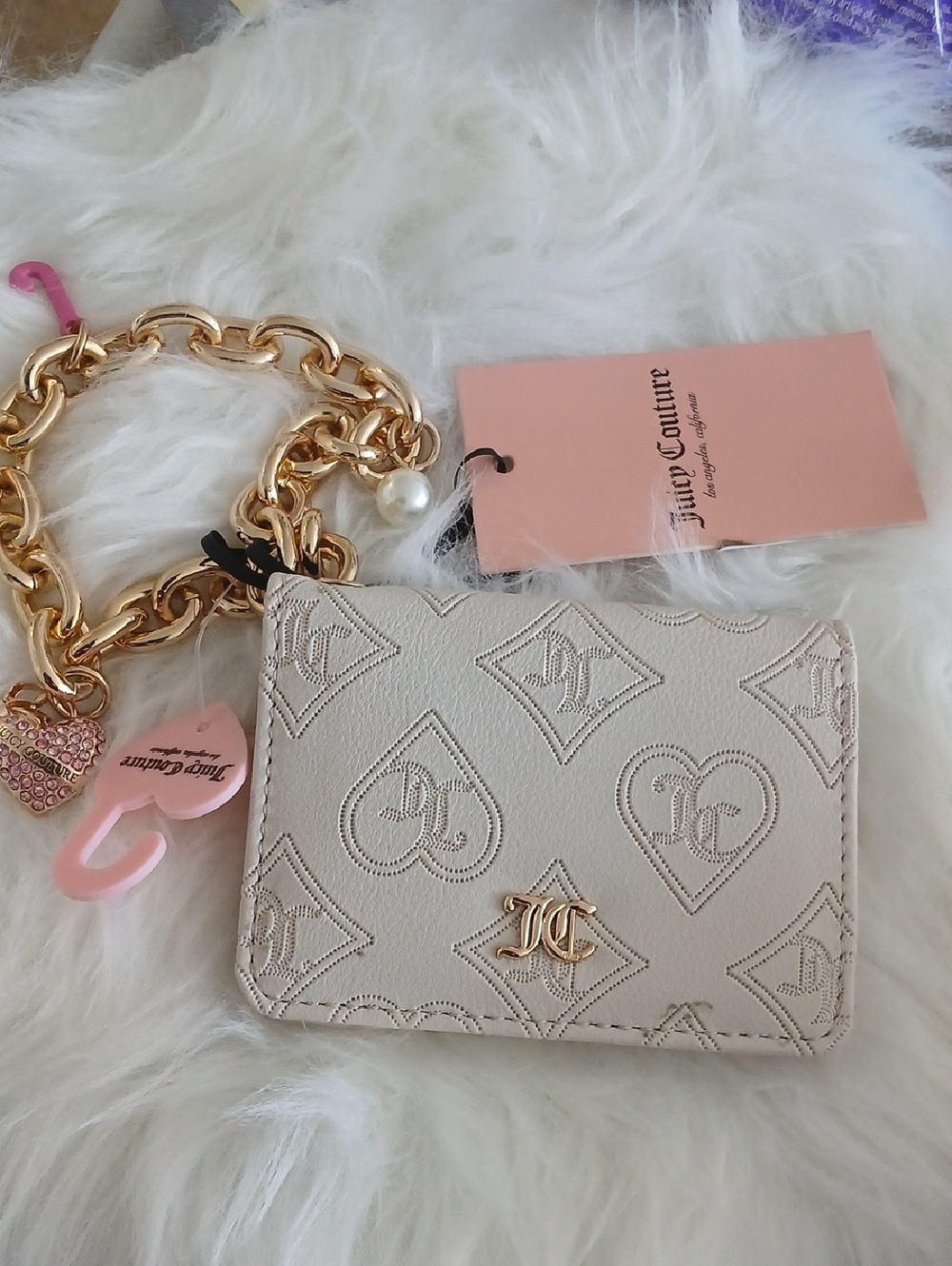 Juicy Couture Cream Embossed Heart Logo Card Case with Gold Hardware